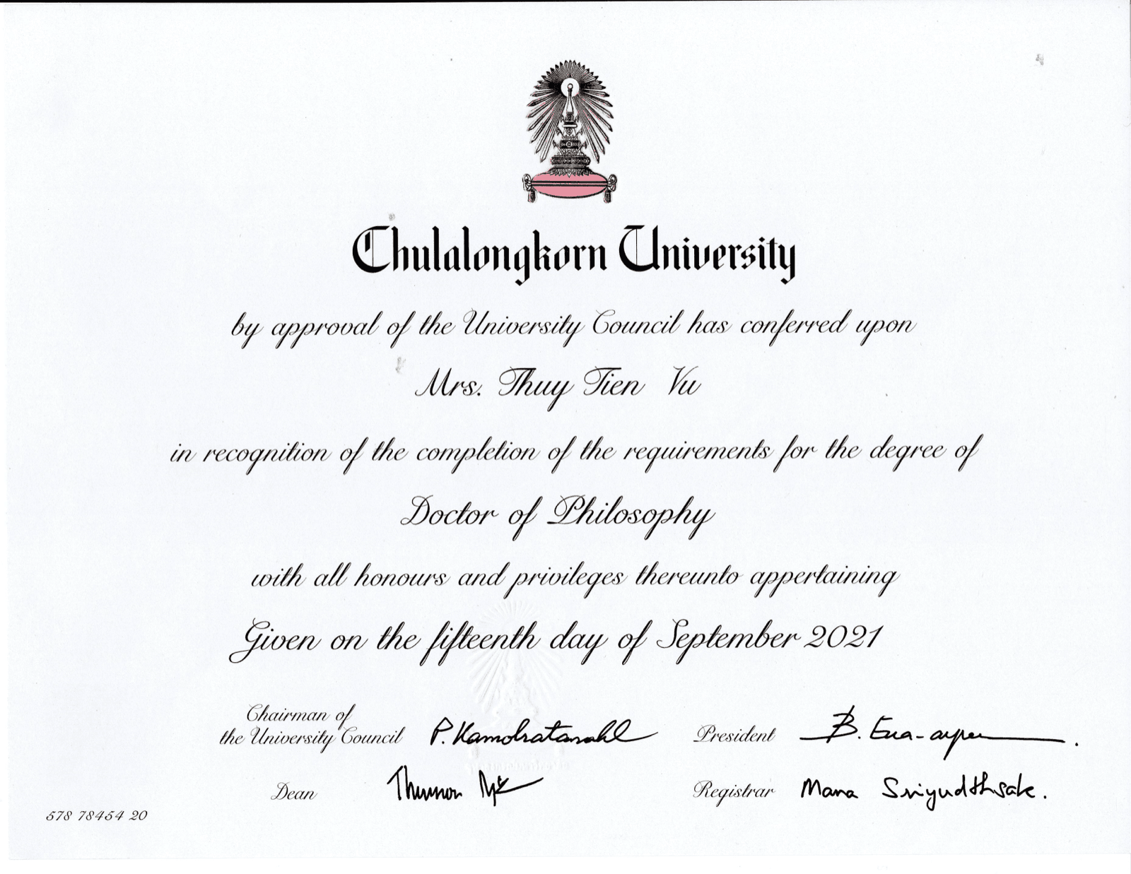Chulalongkorn University Doctor of Philosophy degree conferred upon Mrs. Thuy Tien Vu, September 15, 2021.