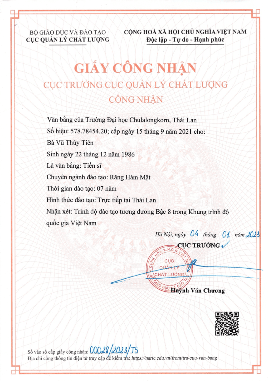 Vietnam Ministry of Education recognition of Dr. Vu Thuy Tien's PhD in Odonto-Stomatology from Chulalongkorn University, January 2023.