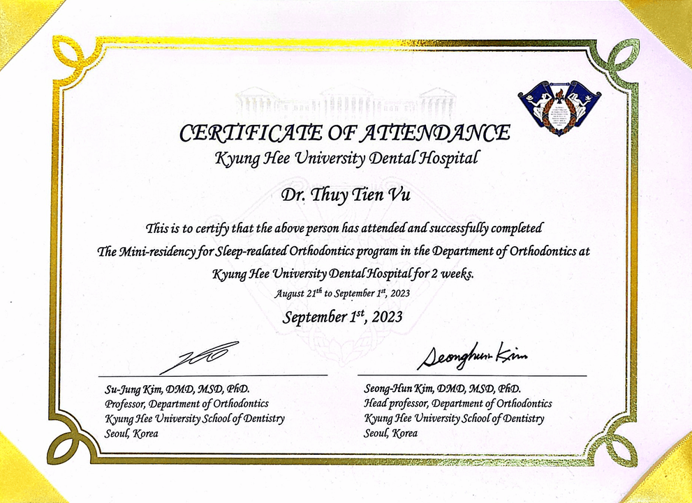 Kyung Hee University Dental Hospital certificate of attendance for Dr. Thuy Tien Vu, sleep-related orthodontics mini-residency, Seoul, 2023.