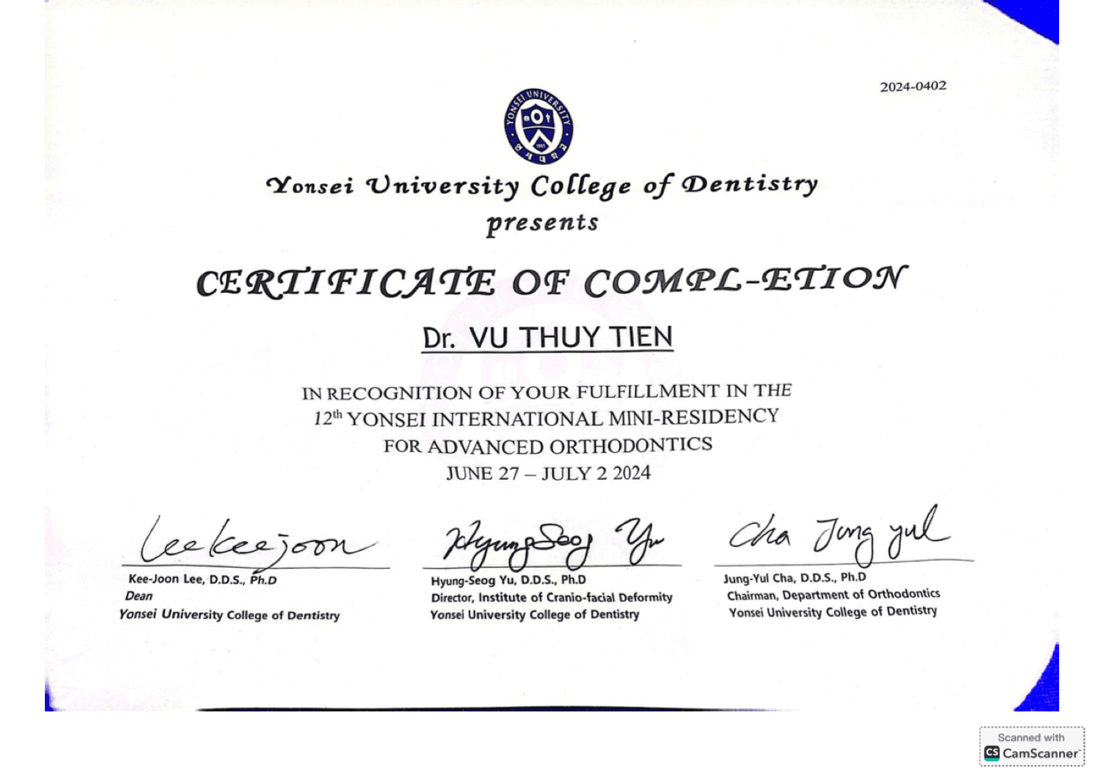 Yonsei University College of Dentistry certificate of completion for Dr. Vu Thuy Tien, 12th International Mini-Residency for Advanced Orthodontics, June–July 2024.