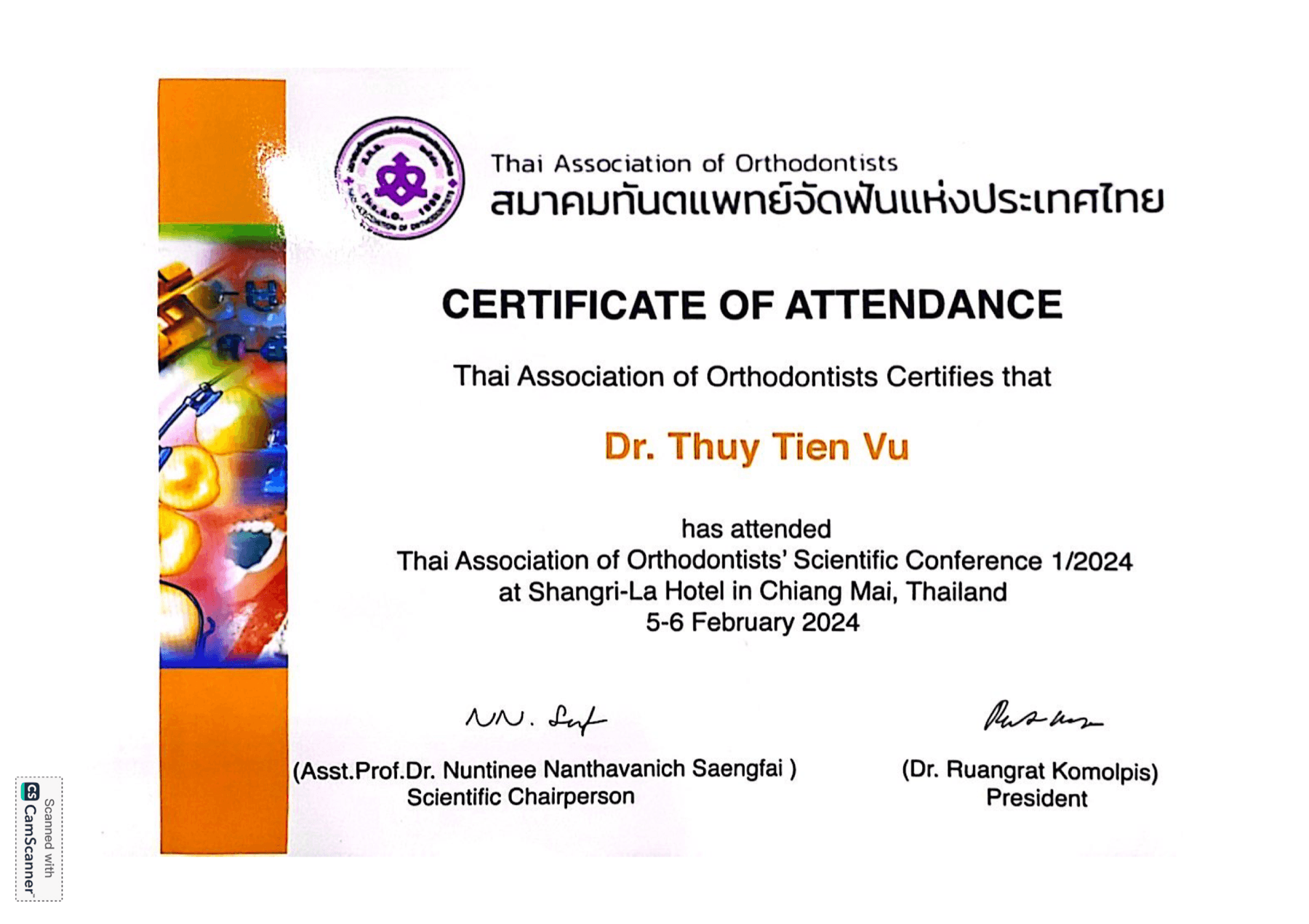 Thai Association of Orthodontists certificate of attendance for Dr. Thuy Tien Vu, Scientific Conference 1/2024, Chiang Mai, February 2024.