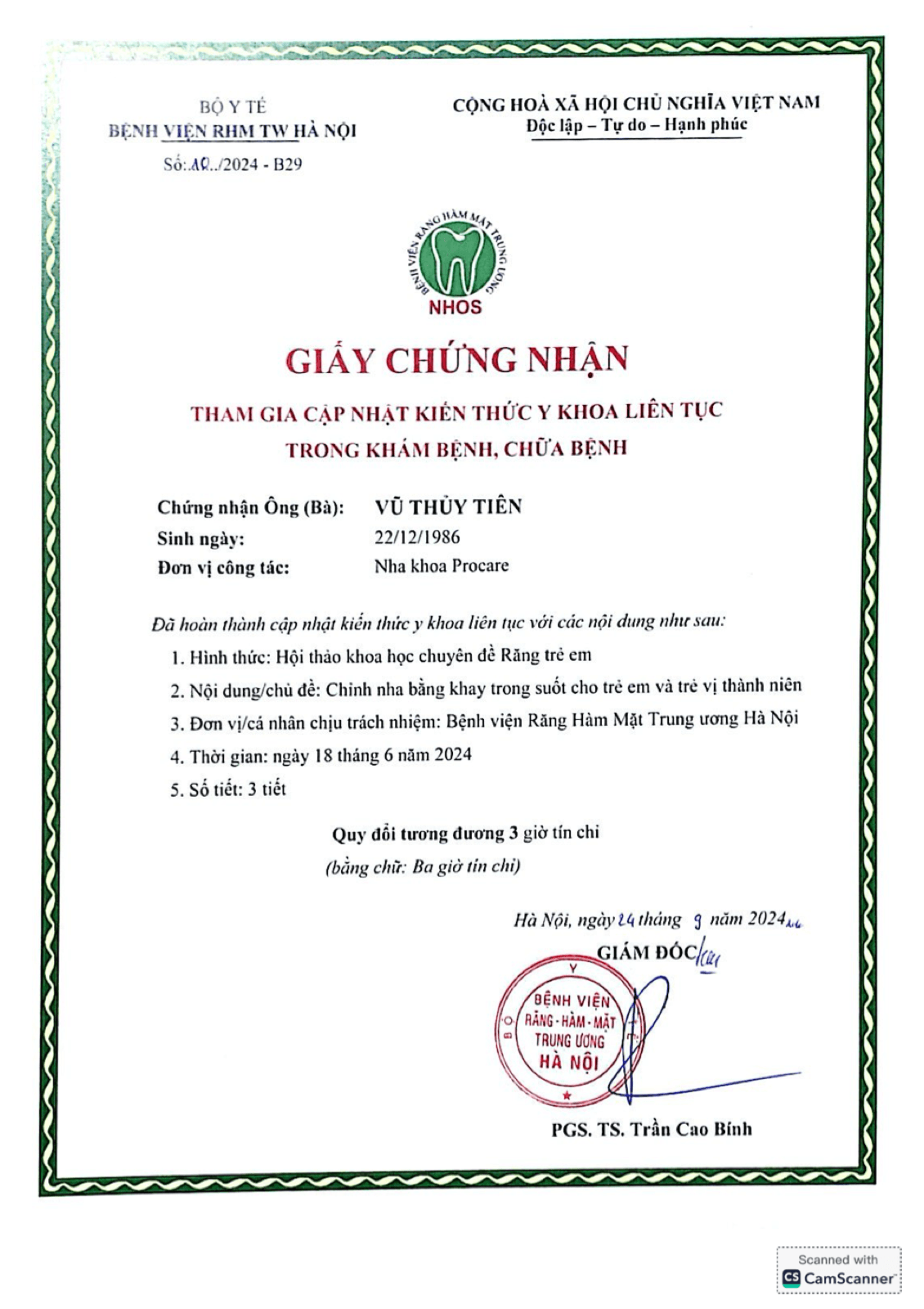 National Hospital of Odonto-Stomatology Hanoi certificate for Dr. Vu Thuy Tien on clear aligner orthodontics for children and adolescents, June 2024.