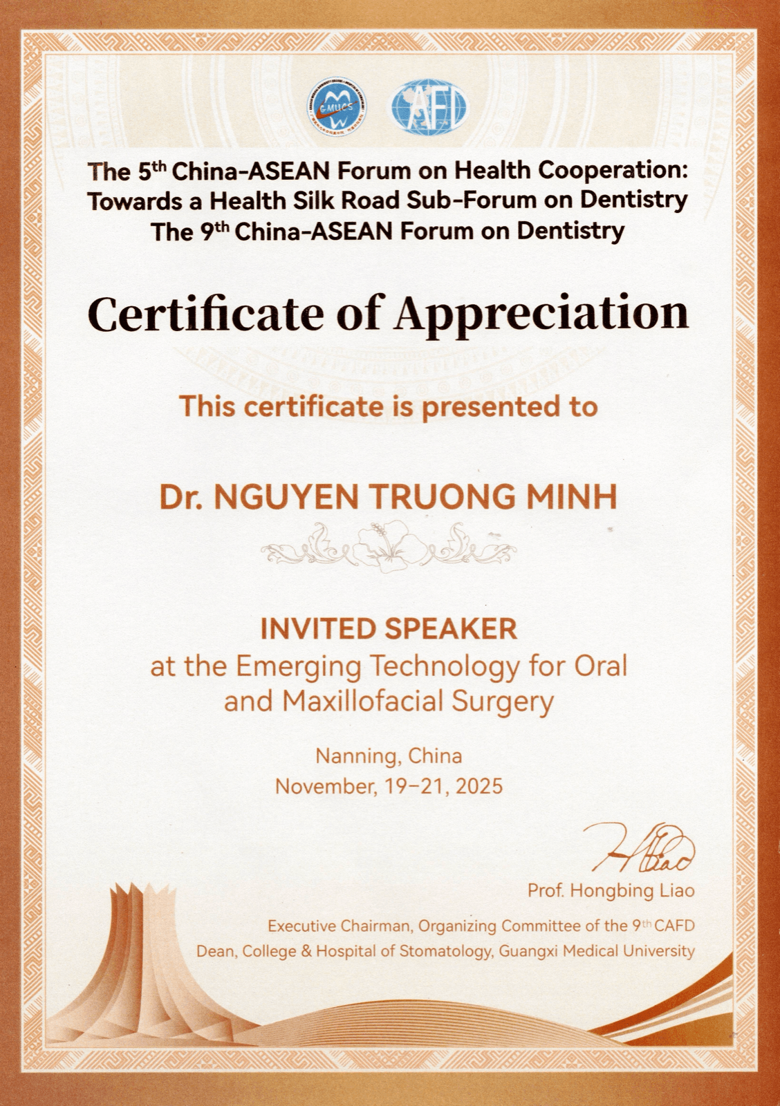 Certificate of appreciation for Dr. Nguyen Truong Minh as invited speaker at the 9th China-ASEAN Forum on Dentistry, Nanning, November 2025.