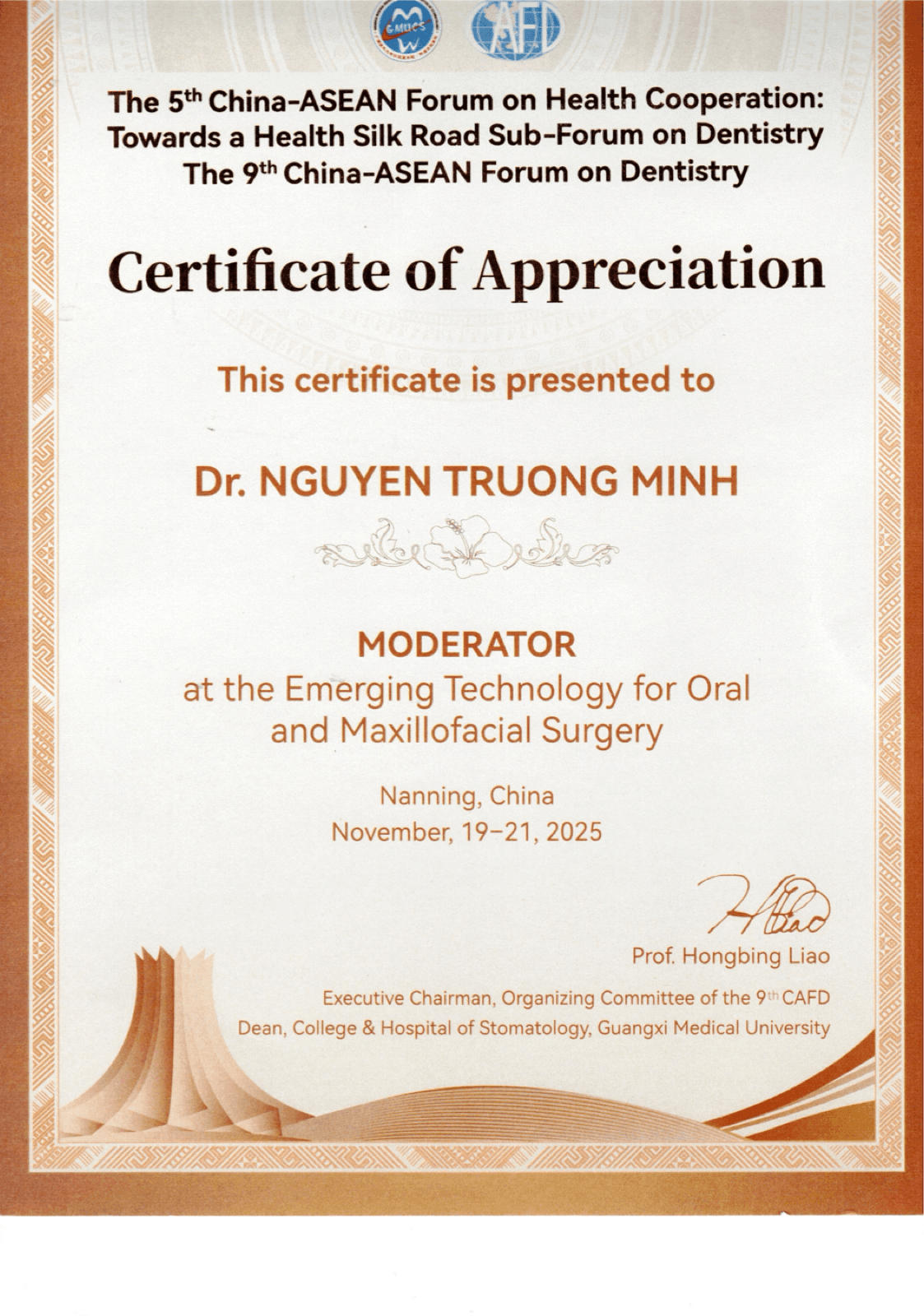 Certificate of appreciation for Dr. Nguyen Truong Minh as moderator at the 9th China-ASEAN Forum on Dentistry, Emerging Technology for Oral and Maxillofacial Surgery, November 2025.