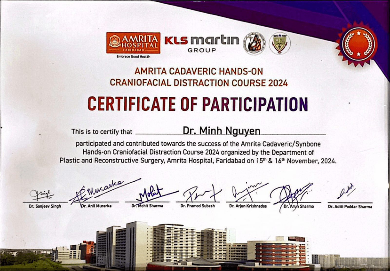 Certificate of participation for Dr. Nguyen Truong Minh, Amrita cadaveric craniofacial distraction course, Faridabad, 2024.