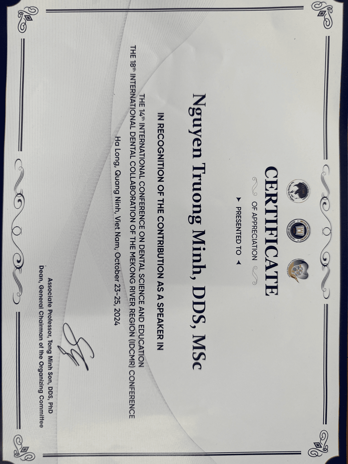 Certificate of appreciation for Dr. Nguyen Truong Minh as speaker at the 14th International Conference on Dental Science and Education & 18th IDCMR, Ha Long, October 2024.