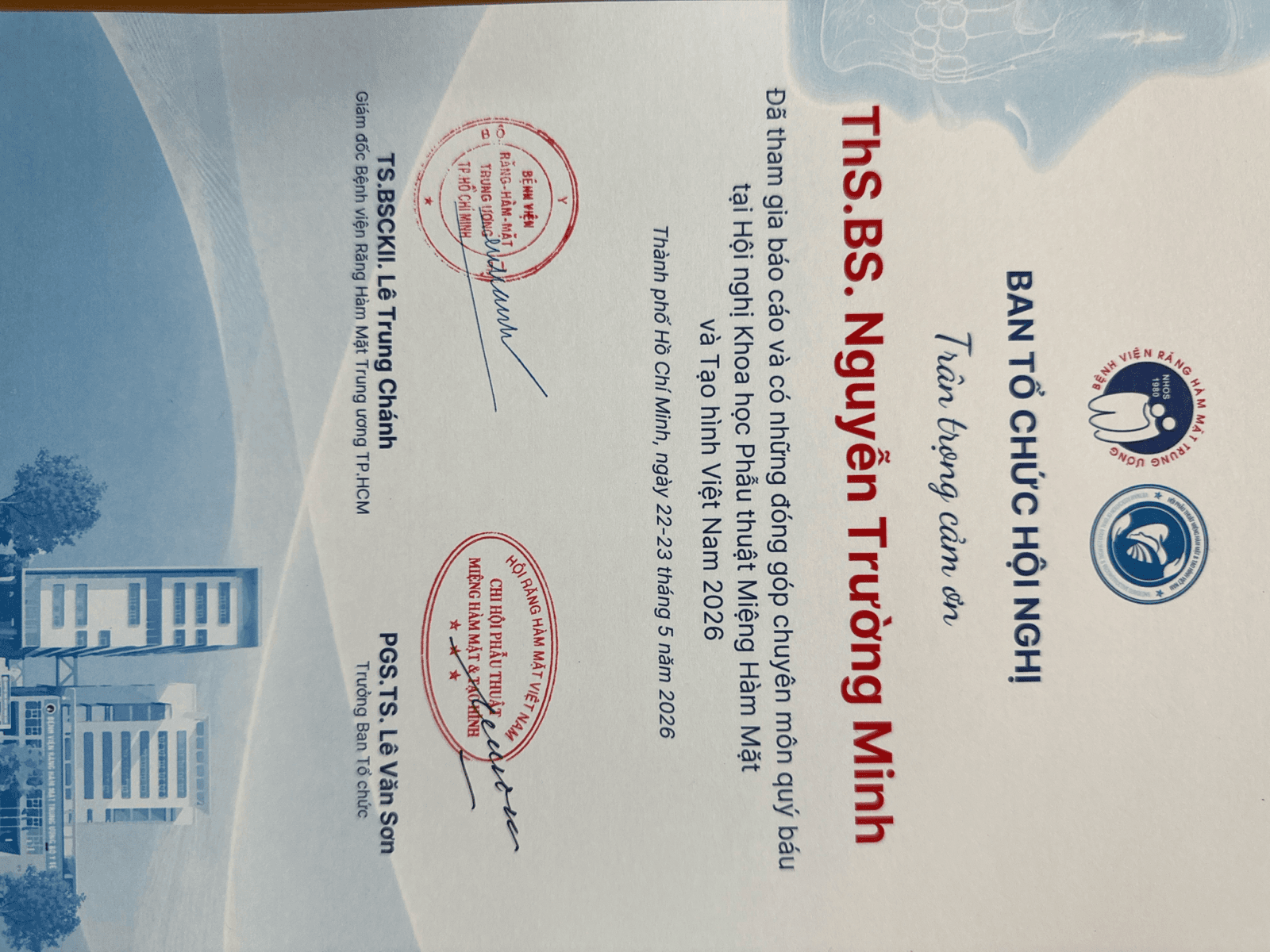 Certificate of appreciation for Dr. Nguyen Truong Minh as speaker at the Vietnam Oral & Maxillofacial Surgery and Plastic Surgery Scientific Conference 2026, Ho Chi Minh City, May 2026.